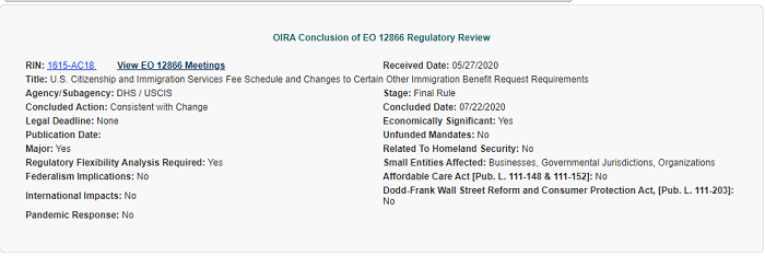 screenshot from OIRA's website showing completion of review.