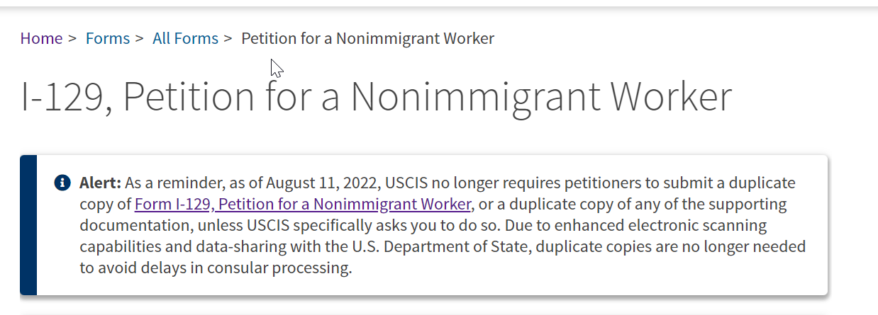 Screen shot of Form I-129 announcement.
