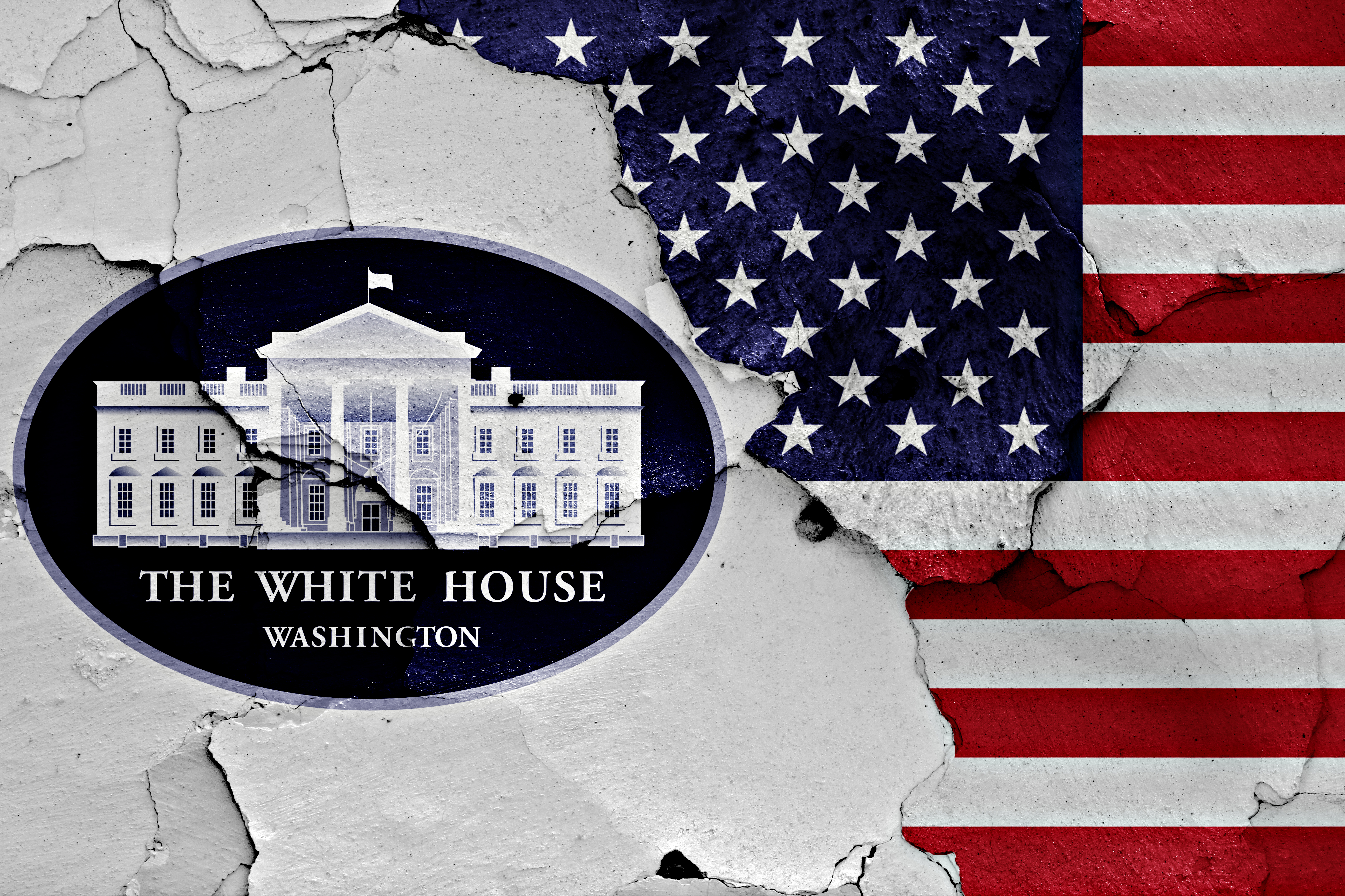 Artistic image of the White House logo and the American flag.