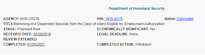 Practice Alert: Proposed H-4 EAD Rescission Rule Withdrawn from