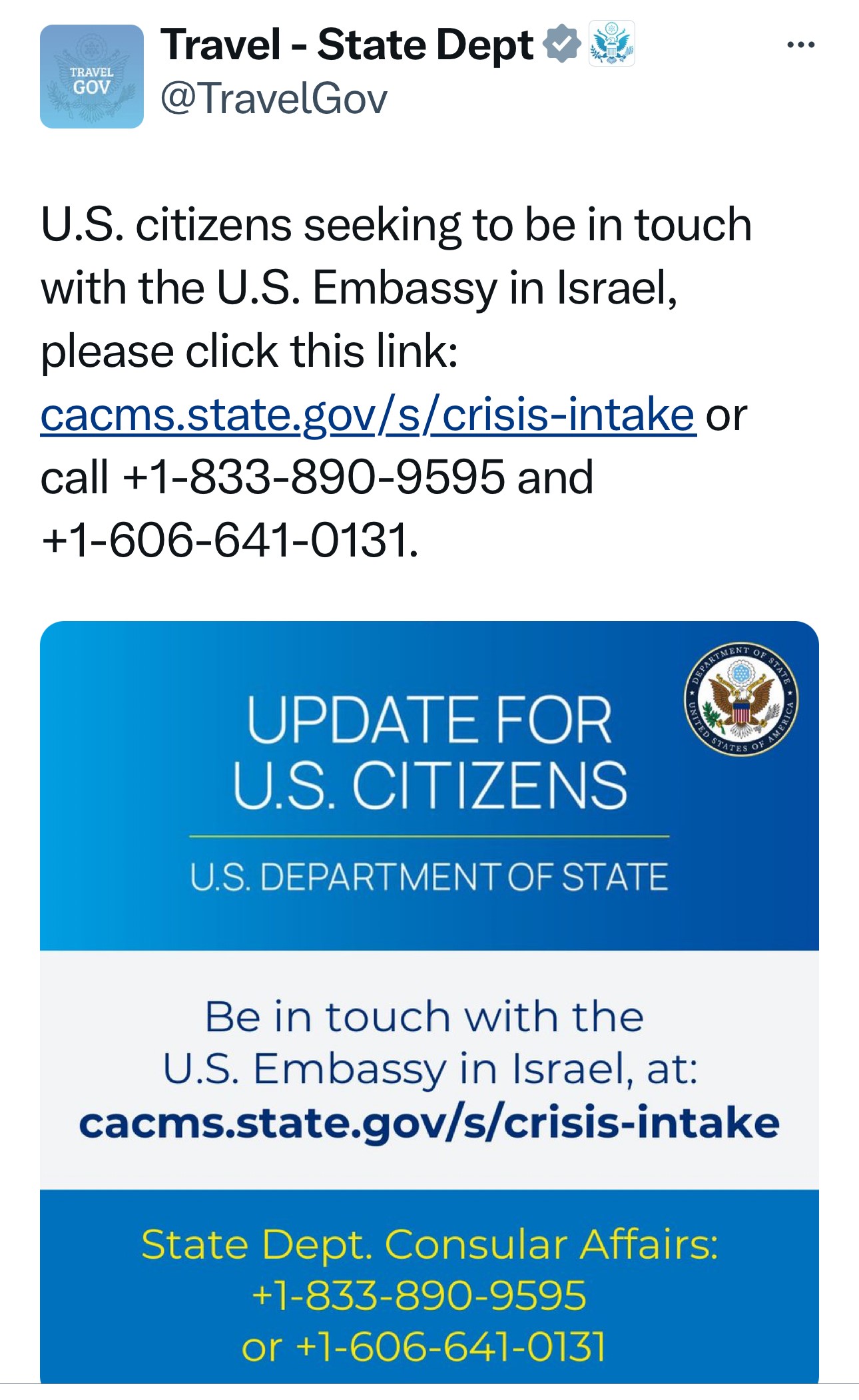 Travel.gov tweet regarding US. Embassy in Israel